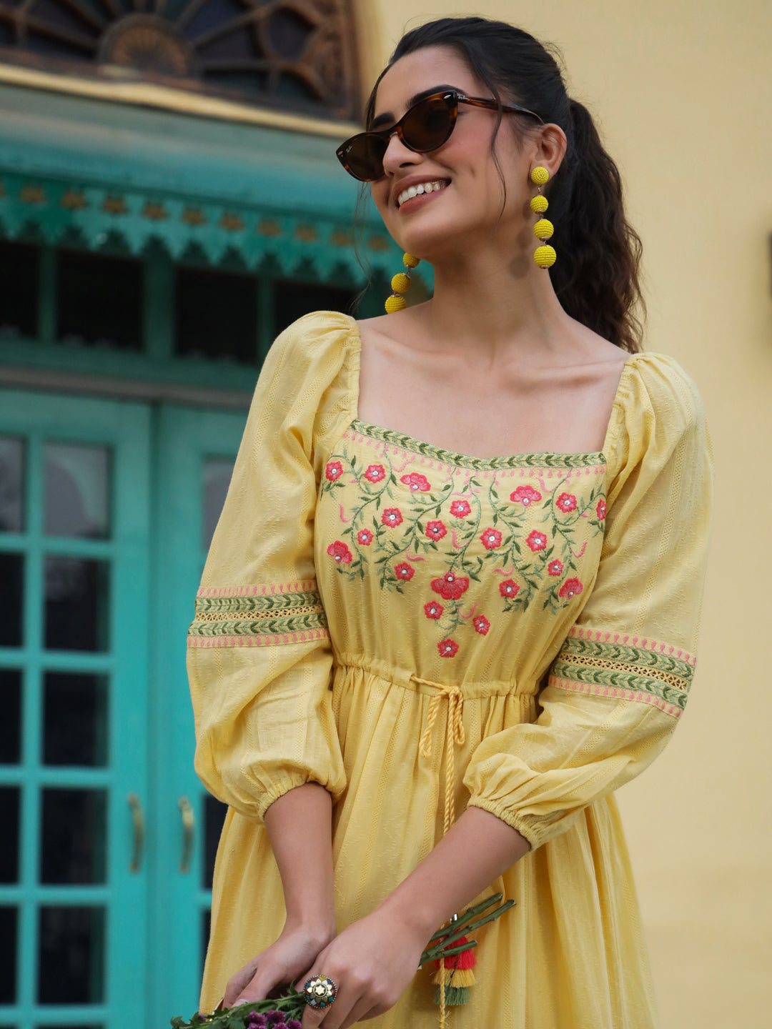 Yellow Cotton Dobby Embroidery Flared Dress
