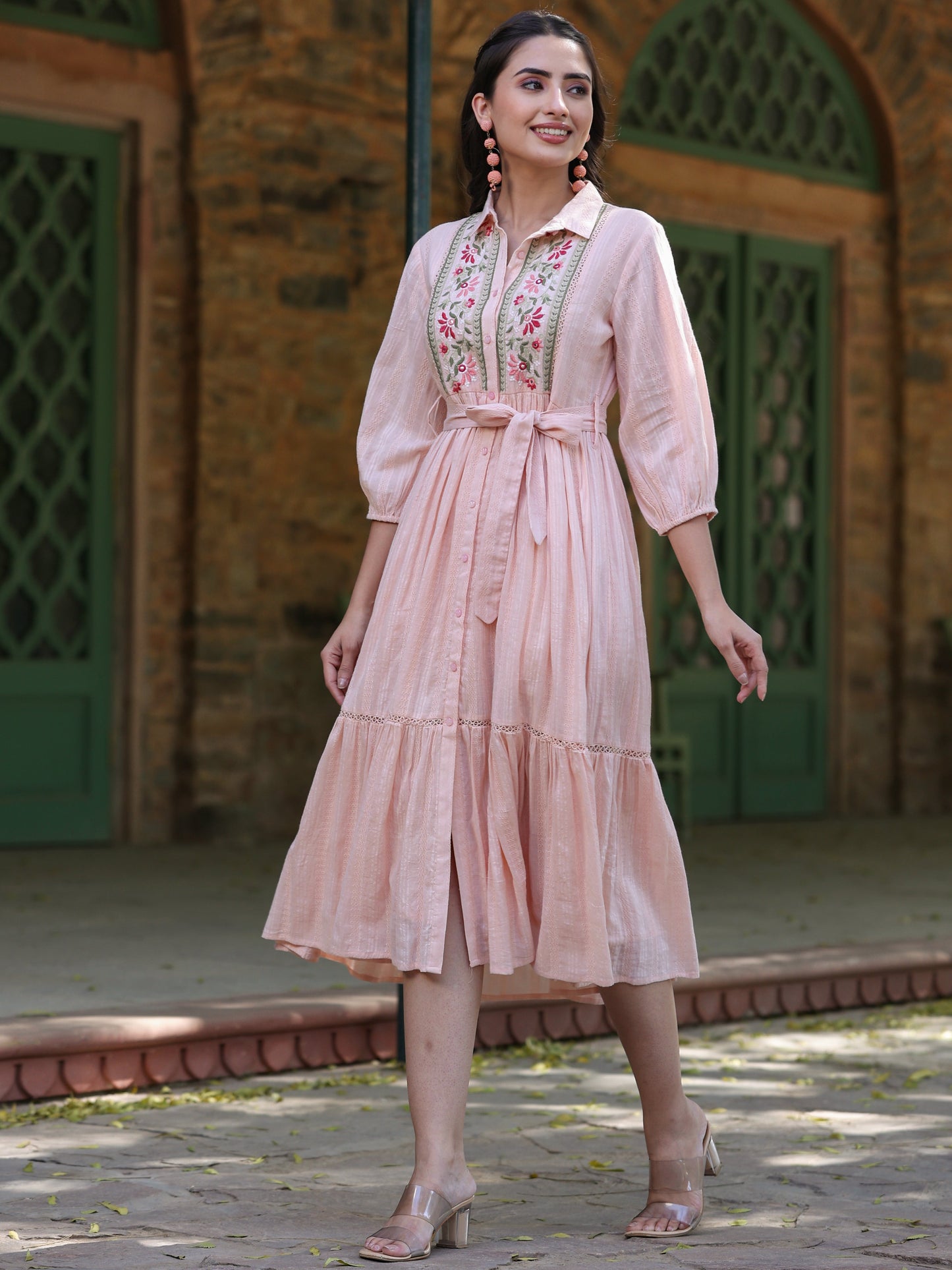 Peach Cotton Dobby Embroidered Flared Maxi Dress