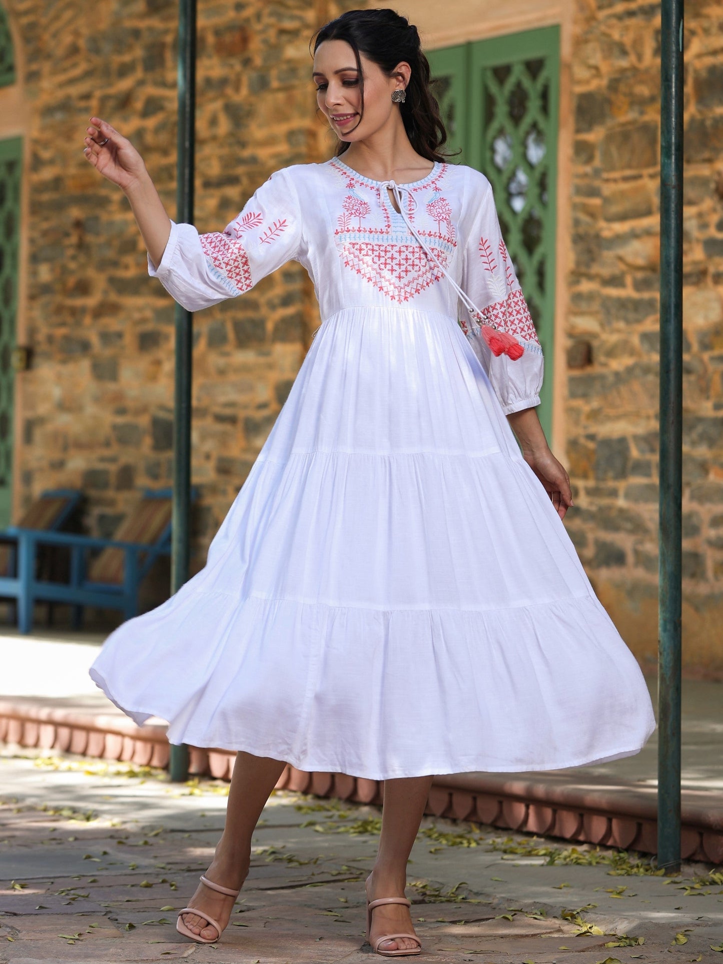White Rayon Printed Flared Dress