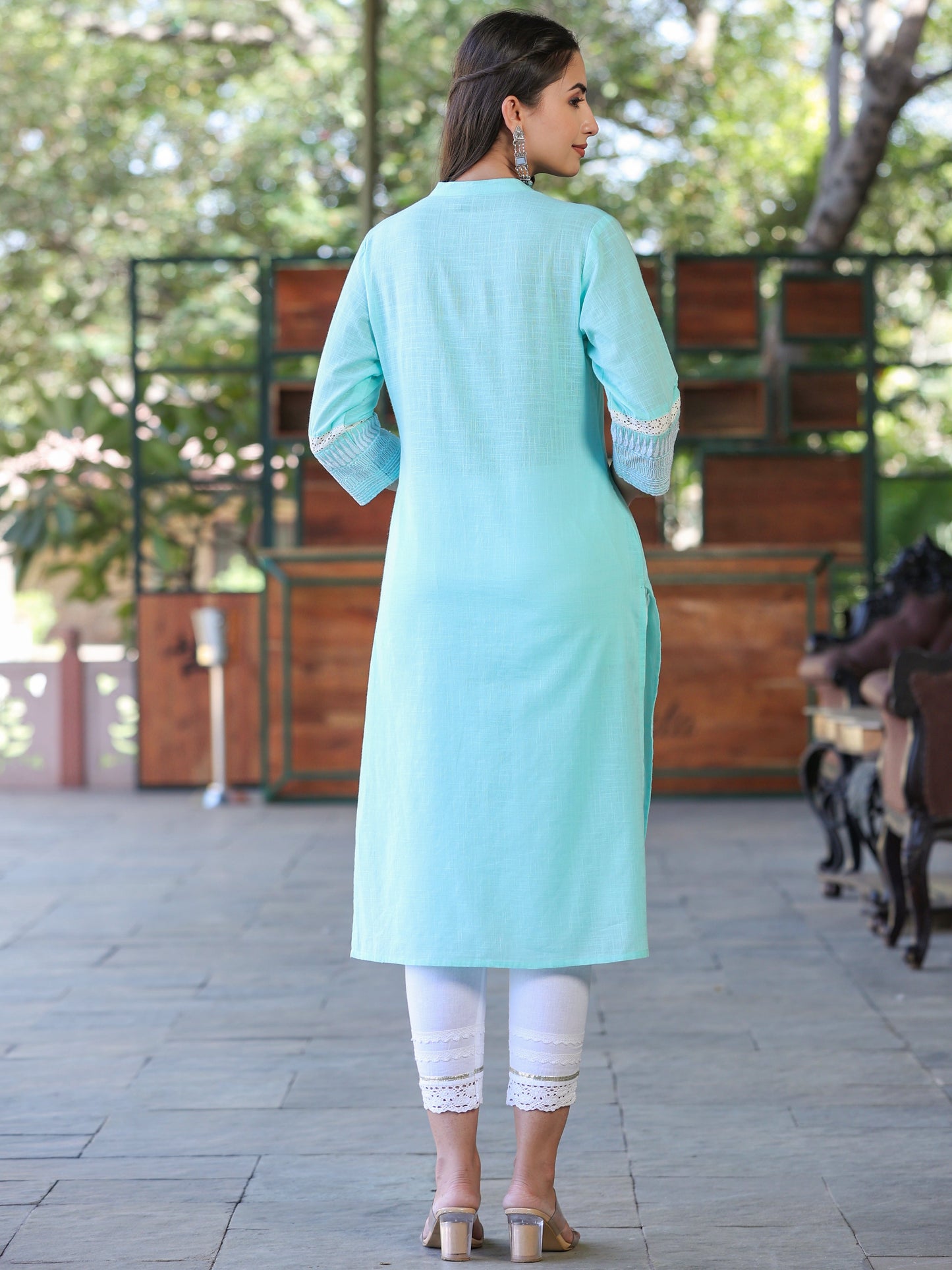 Seagreen Cotton Slub Embroidery Straight Kurta
