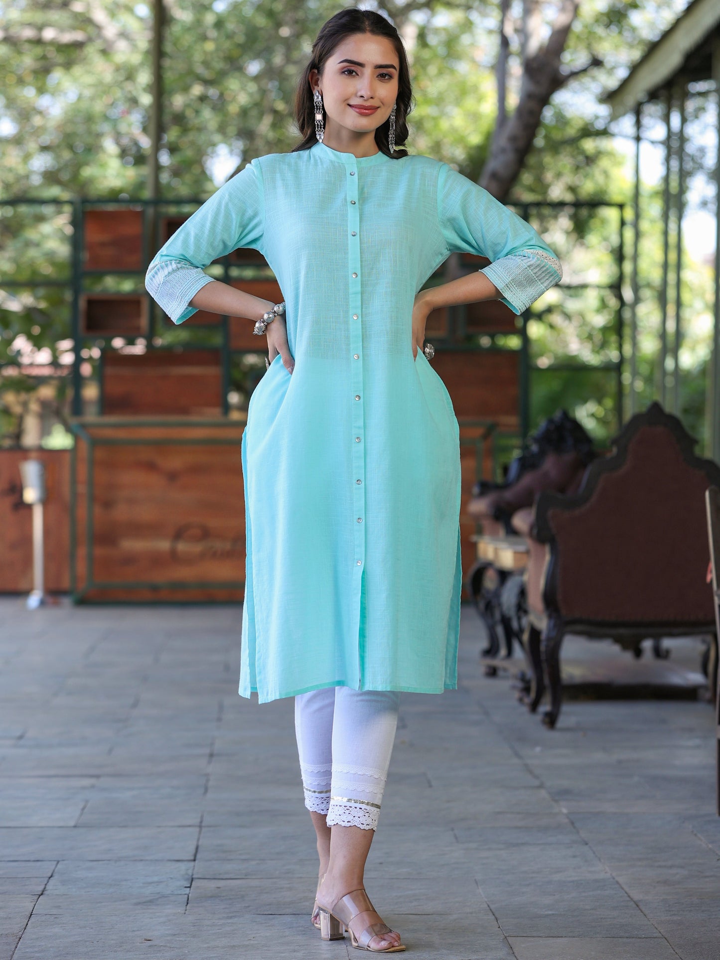 Seagreen Cotton Slub Embroidery Straight Kurta