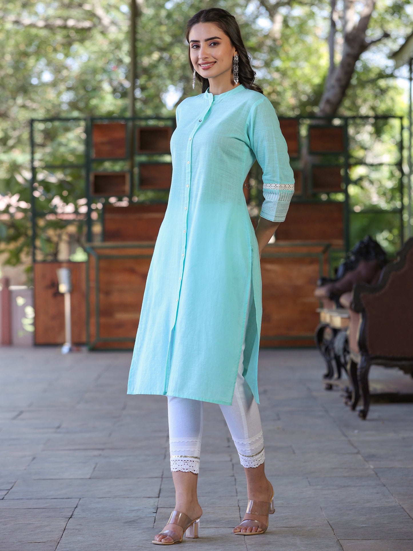 Seagreen Cotton Slub Embroidery Straight Kurta