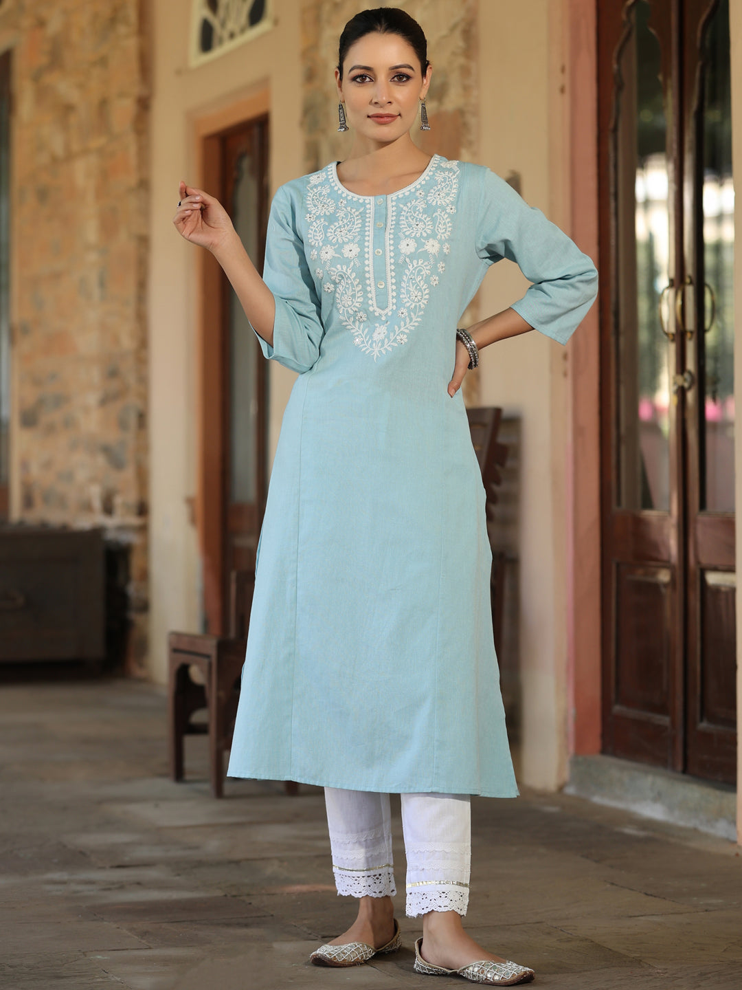 Blue Cotton Flex Embroidery Straight Kurta