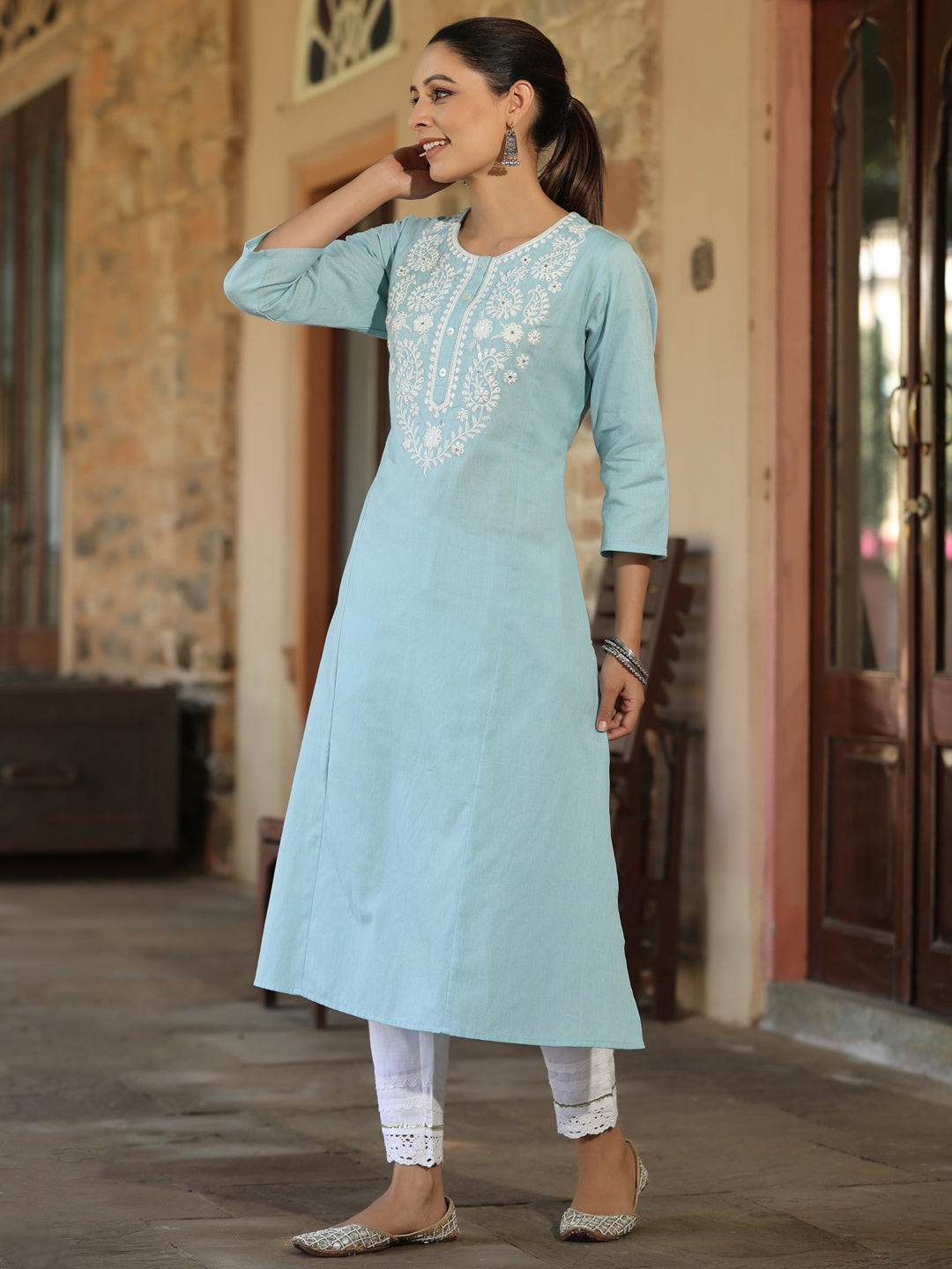 Blue Cotton Flex Embroidery Straight Kurta