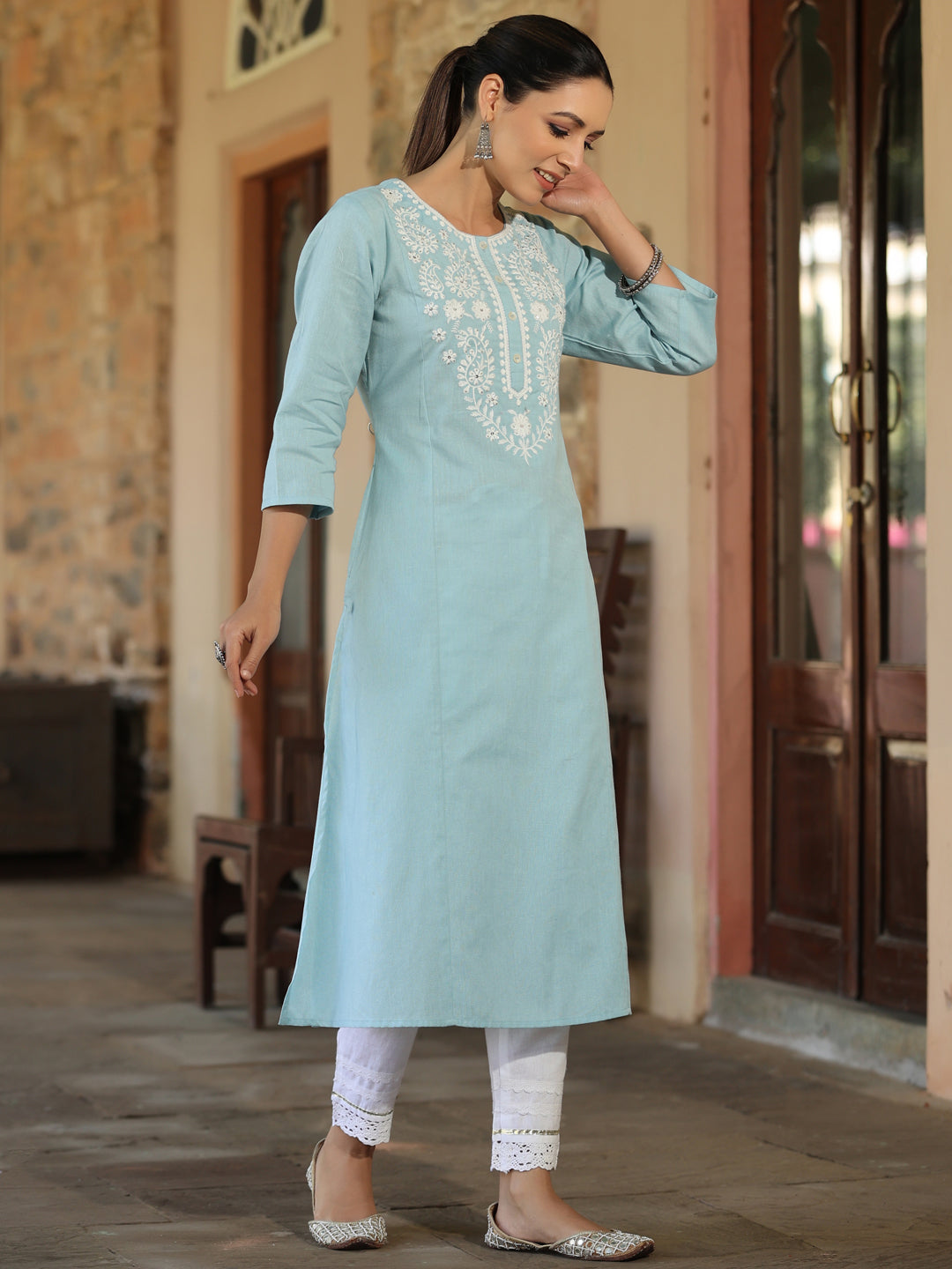 Blue Cotton Flex Embroidery Straight Kurta
