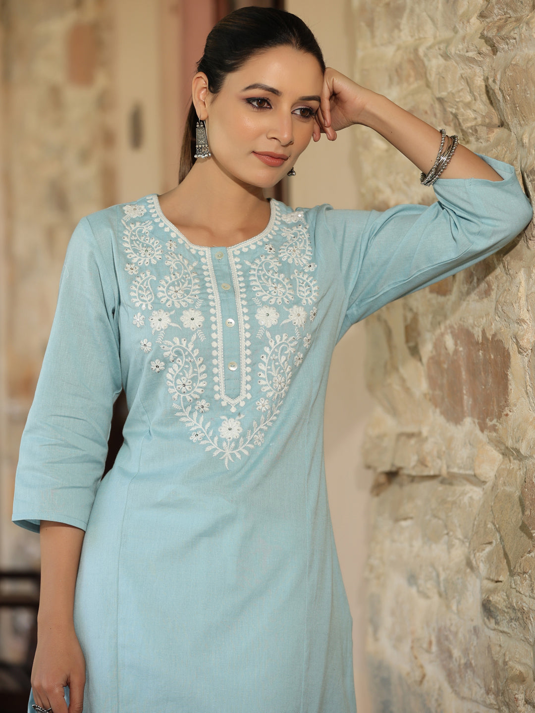 Blue Cotton Flex Embroidery Straight Kurta