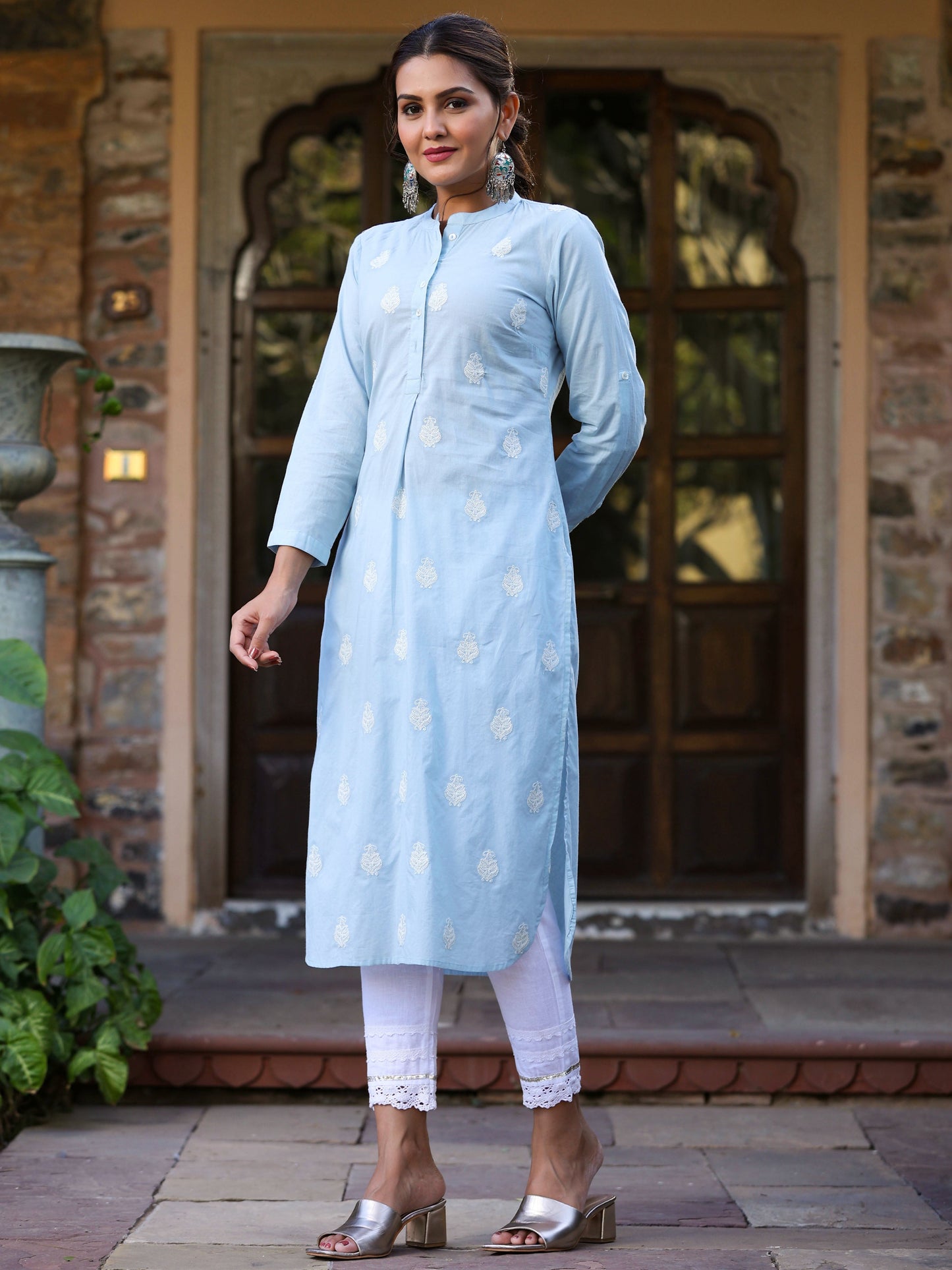 Blue Cambric Embroidery Straight Kurta