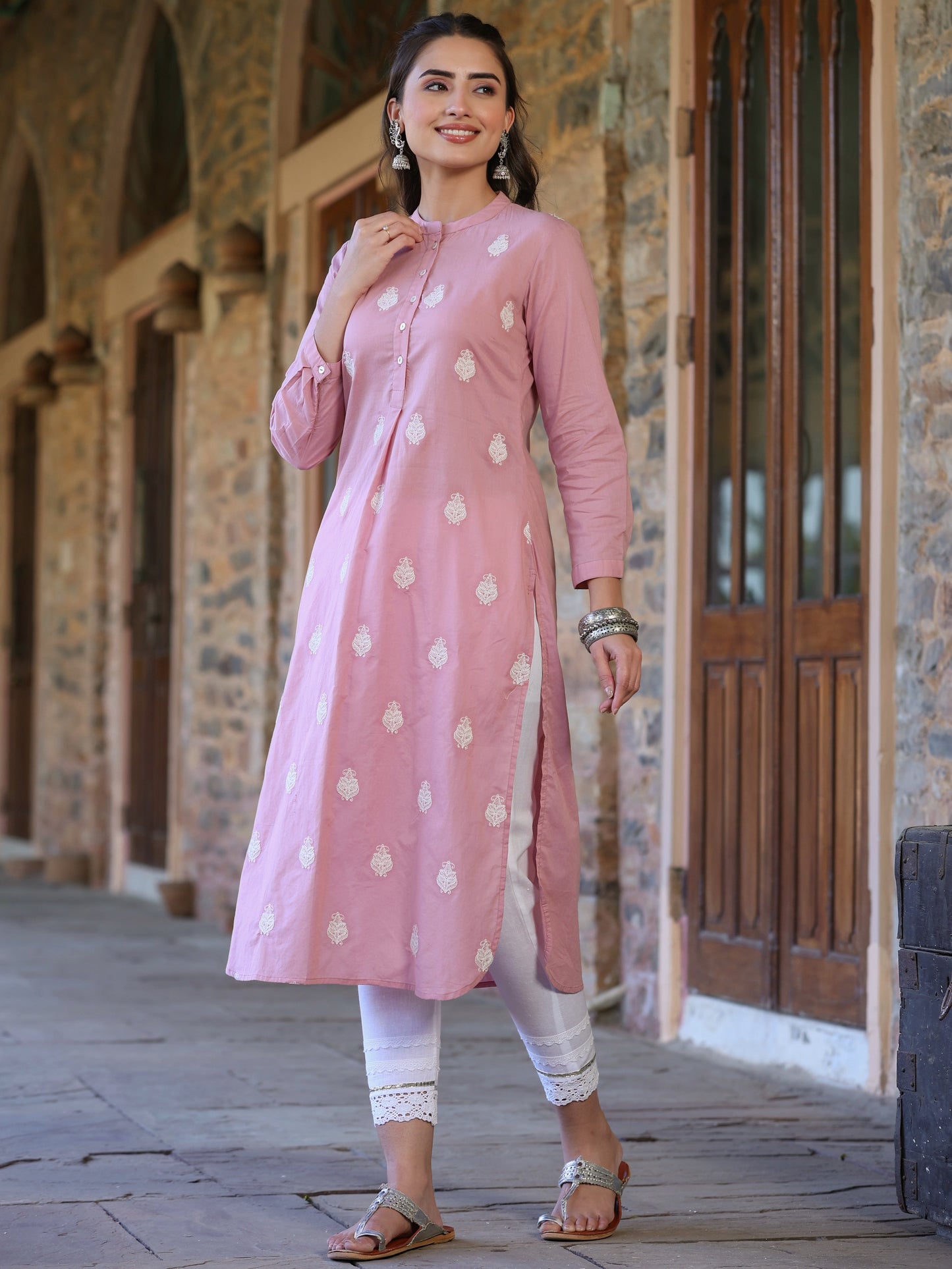 Pink Cambric Printed Straight Kurta