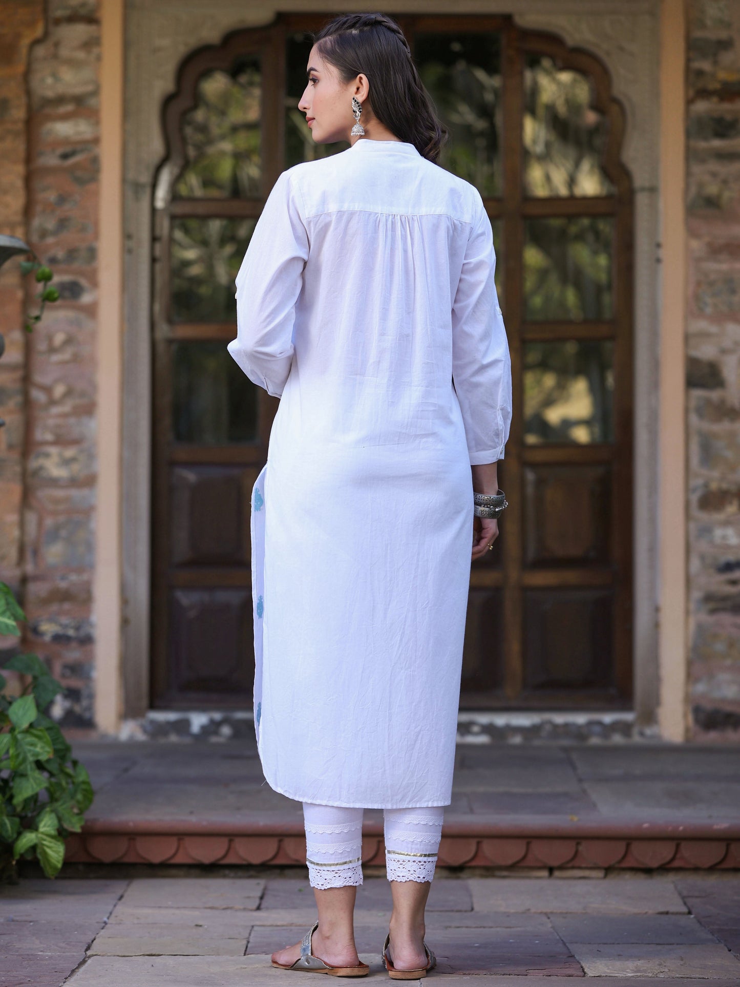 White Cambric Printed Straight Kurta