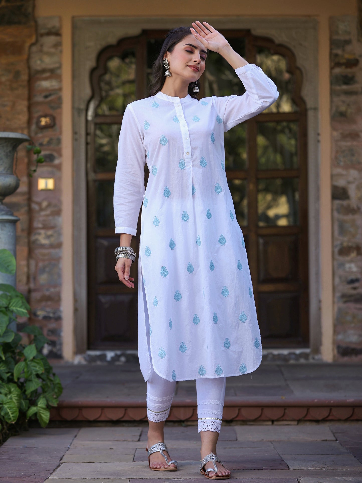White Cambric Printed Straight Kurta