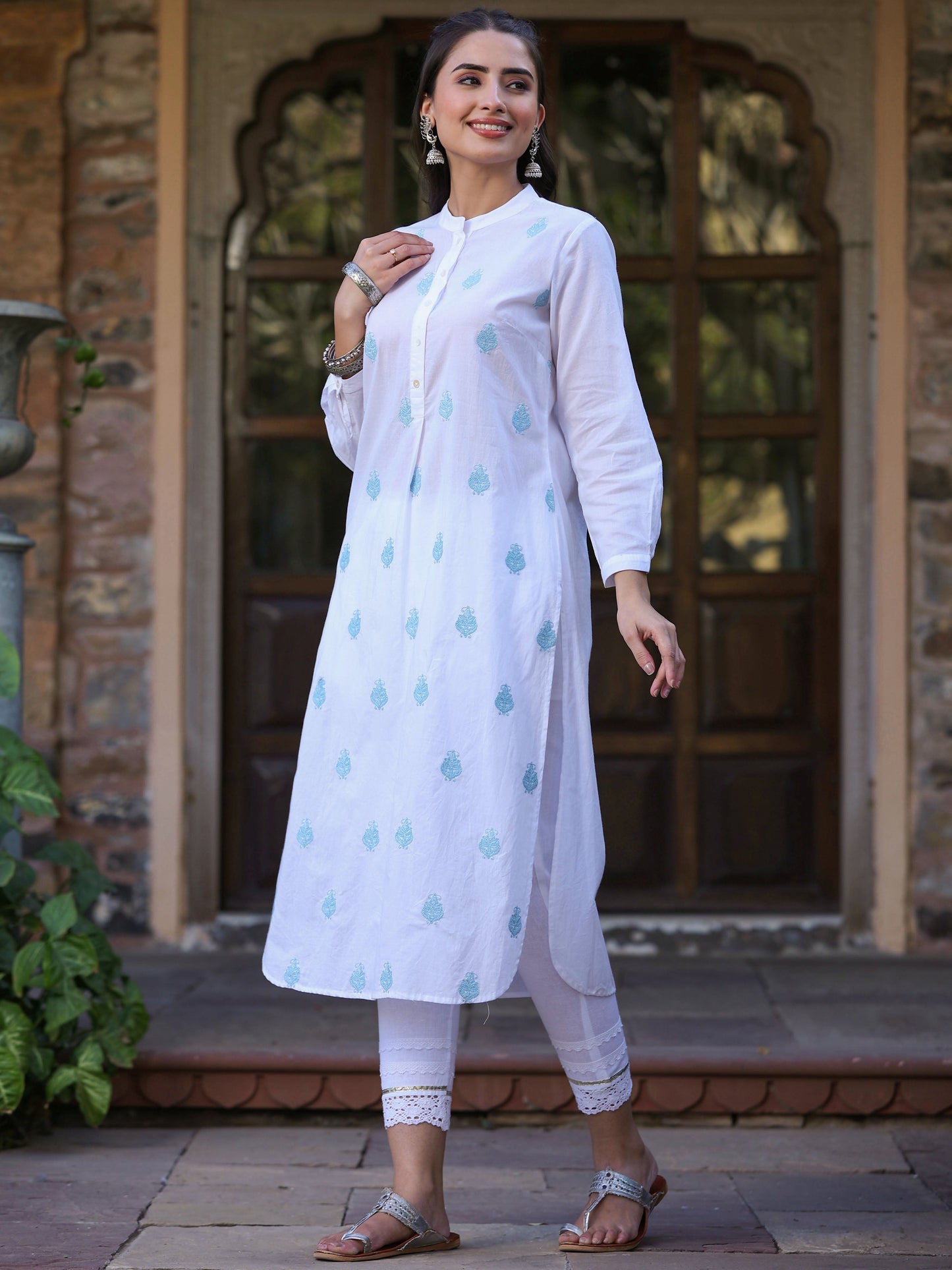 White Cambric Printed Straight Kurta