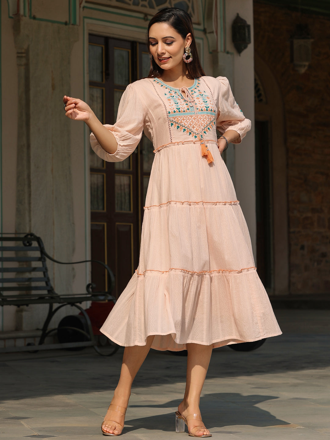 Peach Cotton Dobby Embroidered Tiered Maxi Dress