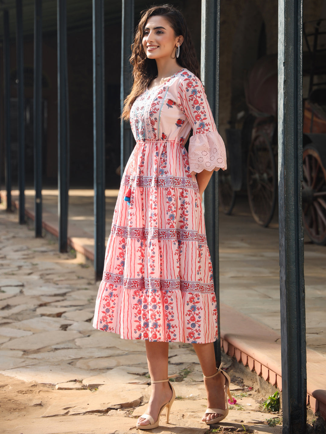 Pink Cotton Cambric Floral Printed Tiered Maxi Dress