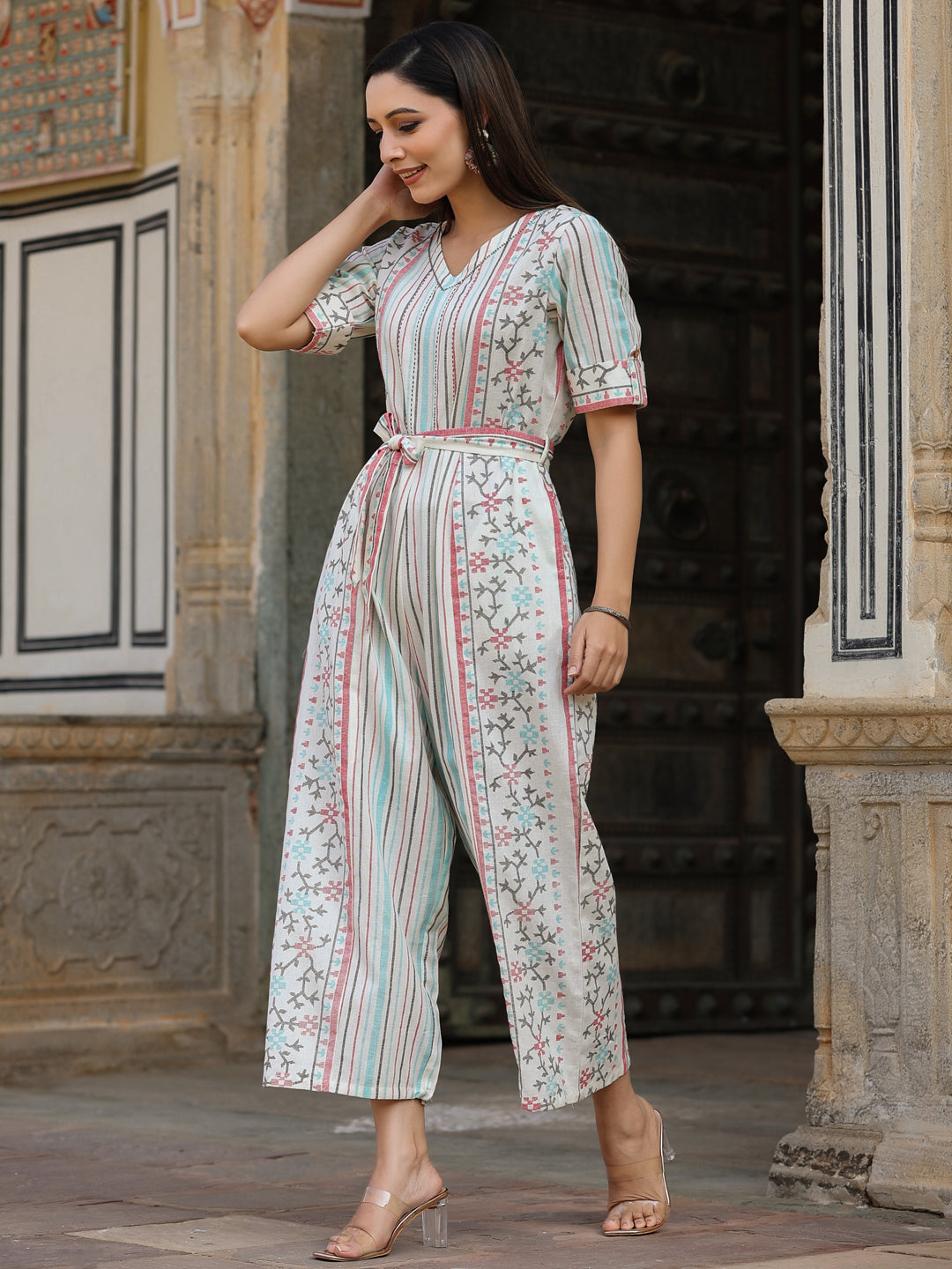 Ivory Cotton Flex Jamdani Printed Jumpsuit
