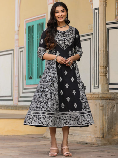 Black Cotton Cambric Aari Printed Maxi Dress