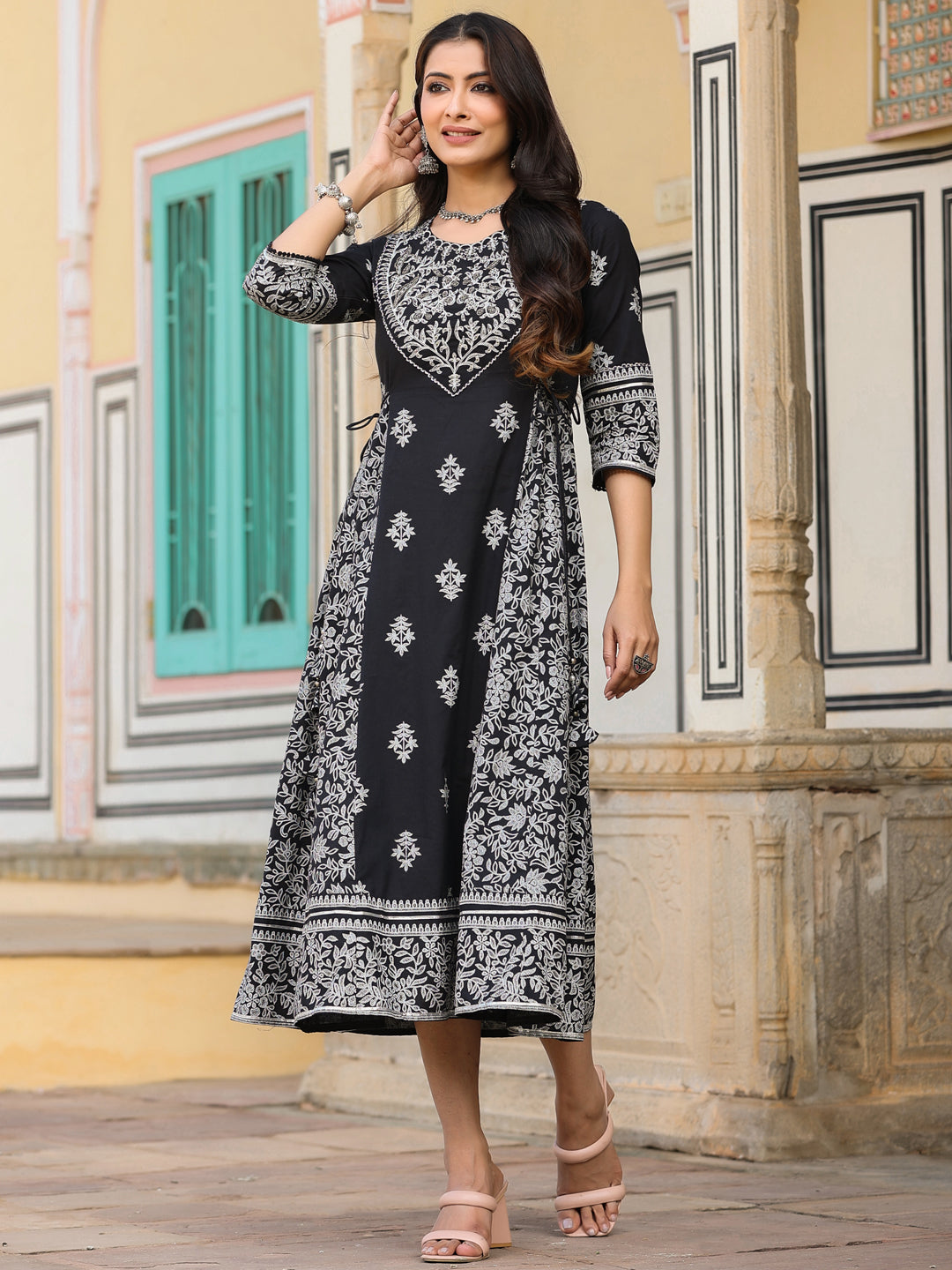 Black Cotton Cambric Aari Printed Maxi Dress