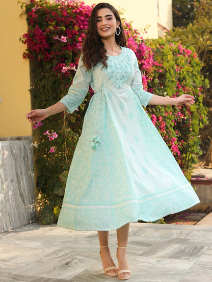 Mint Green Cambric  Printed Embroidered Flared Dress