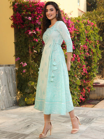 Mint Green Cambric  Printed Embroidered Flared Dress