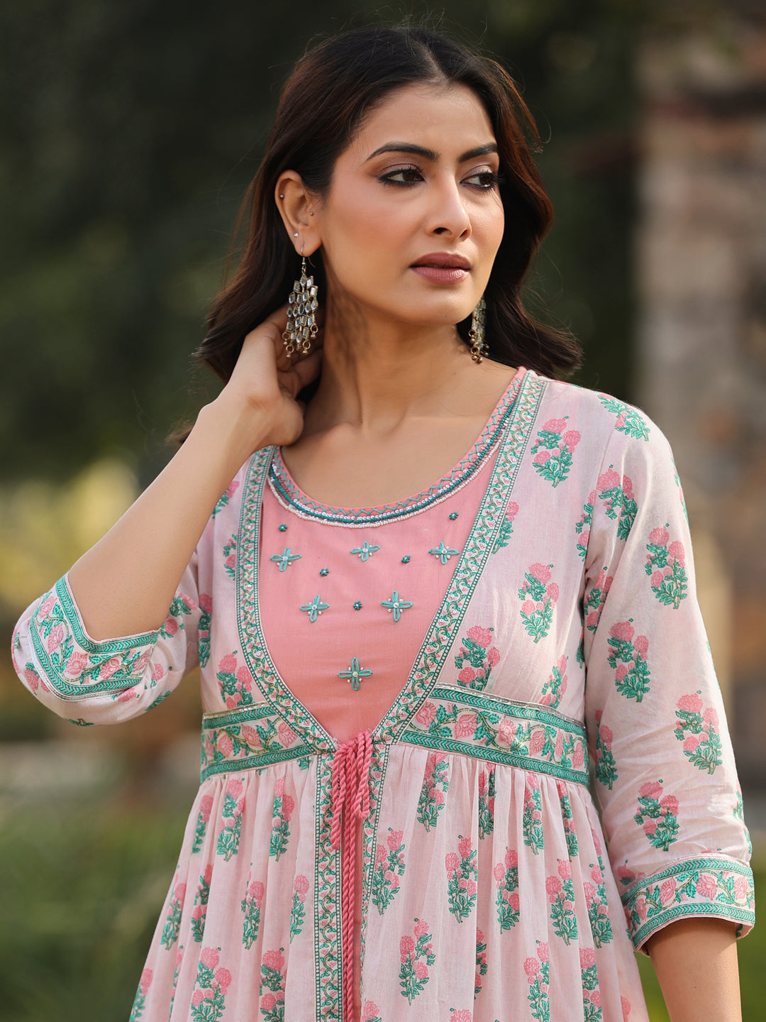 Pink Cotton Printed Tiered Dress