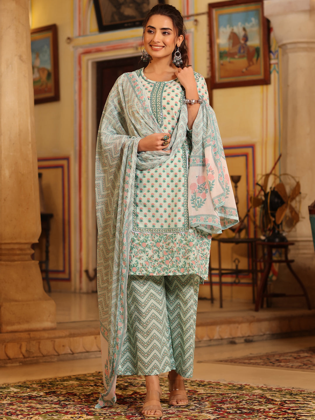 Seagreen Cambric Floral Printed Kurta Palazzo Set
