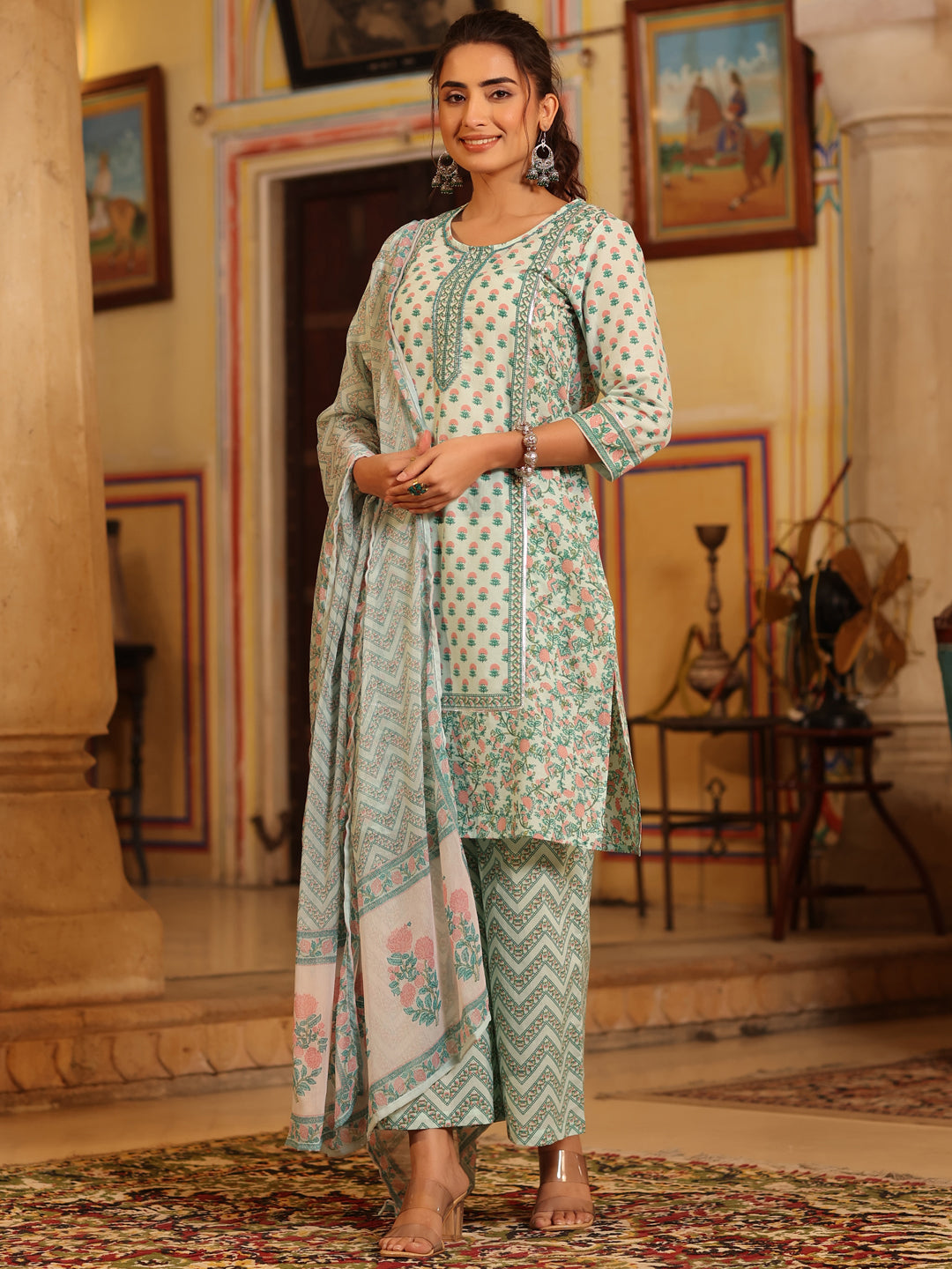 Seagreen Cambric Floral Printed Kurta Palazzo Set