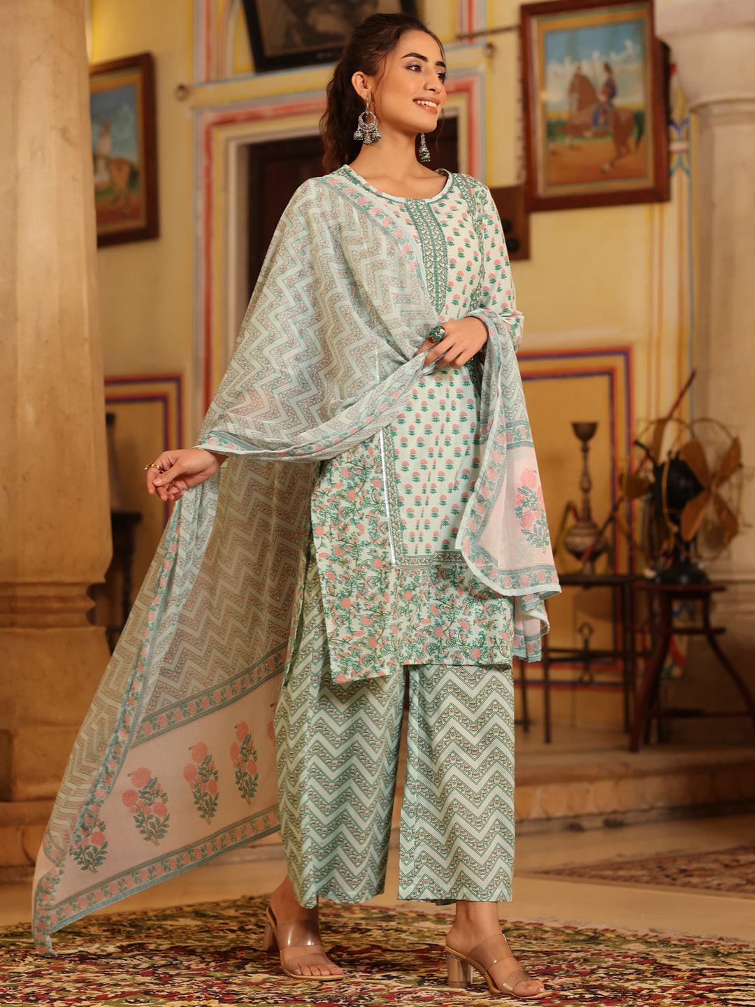 Seagreen Cambric Floral Printed Kurta Palazzo Set
