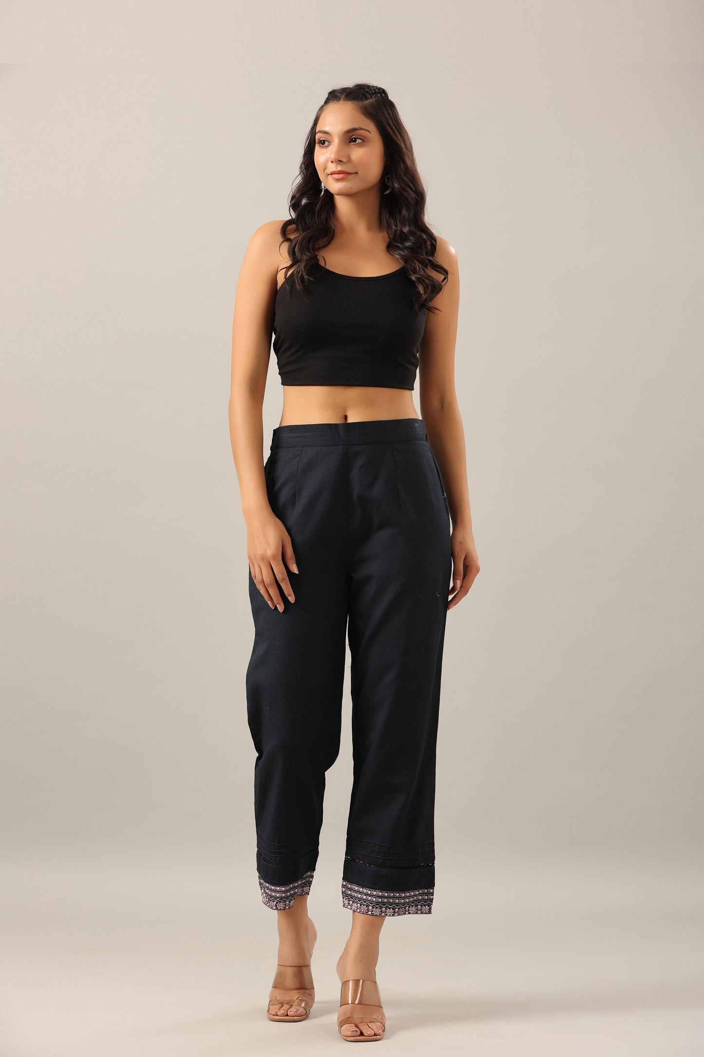 Navy Blue Cotton Flex Solid Pant