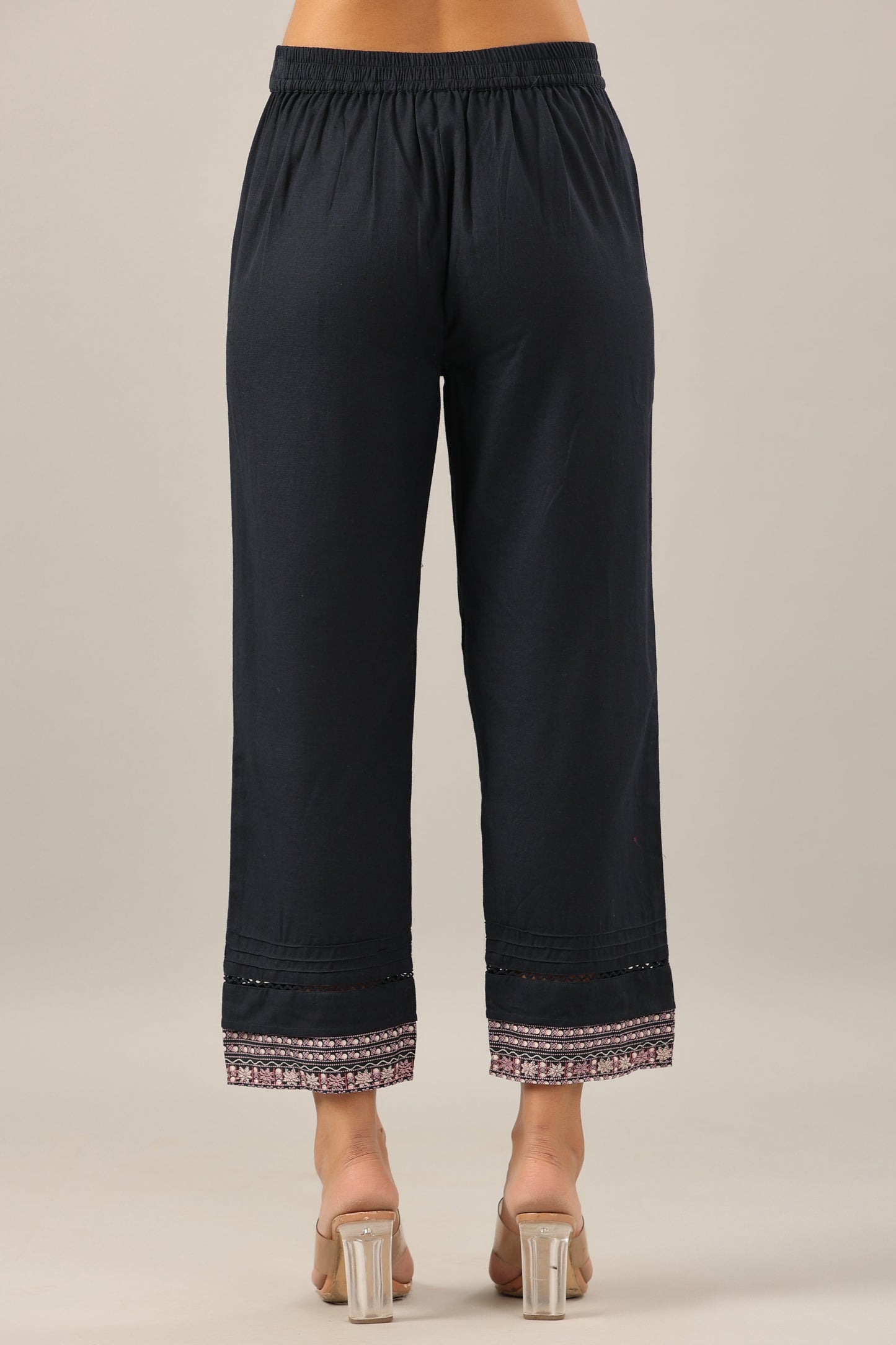 Navy Blue Cotton Flex Solid Pant