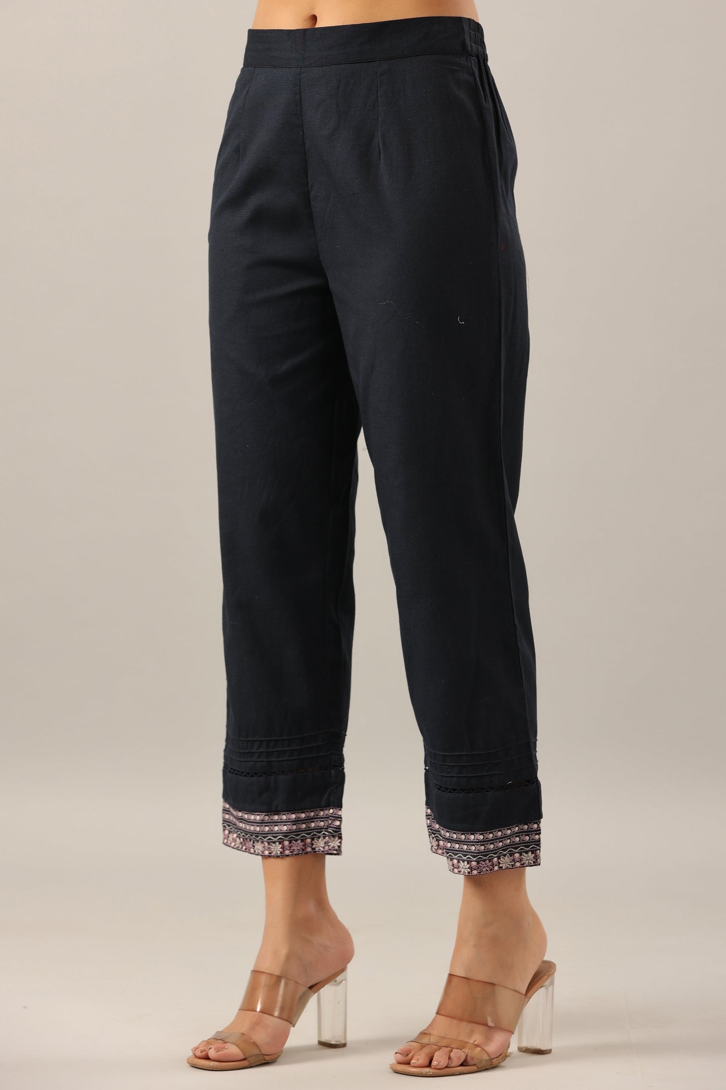 Navy Blue Cotton Flex Solid Pant
