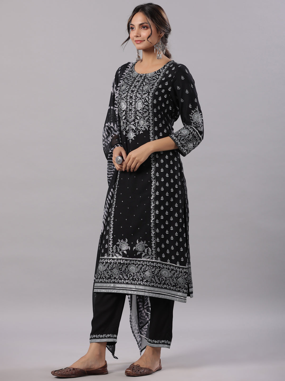 Black Rayon Staple Kalamkari Printed Kurta, Pants And Dupatta Set