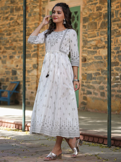 White Cambric Printed Flared Dress