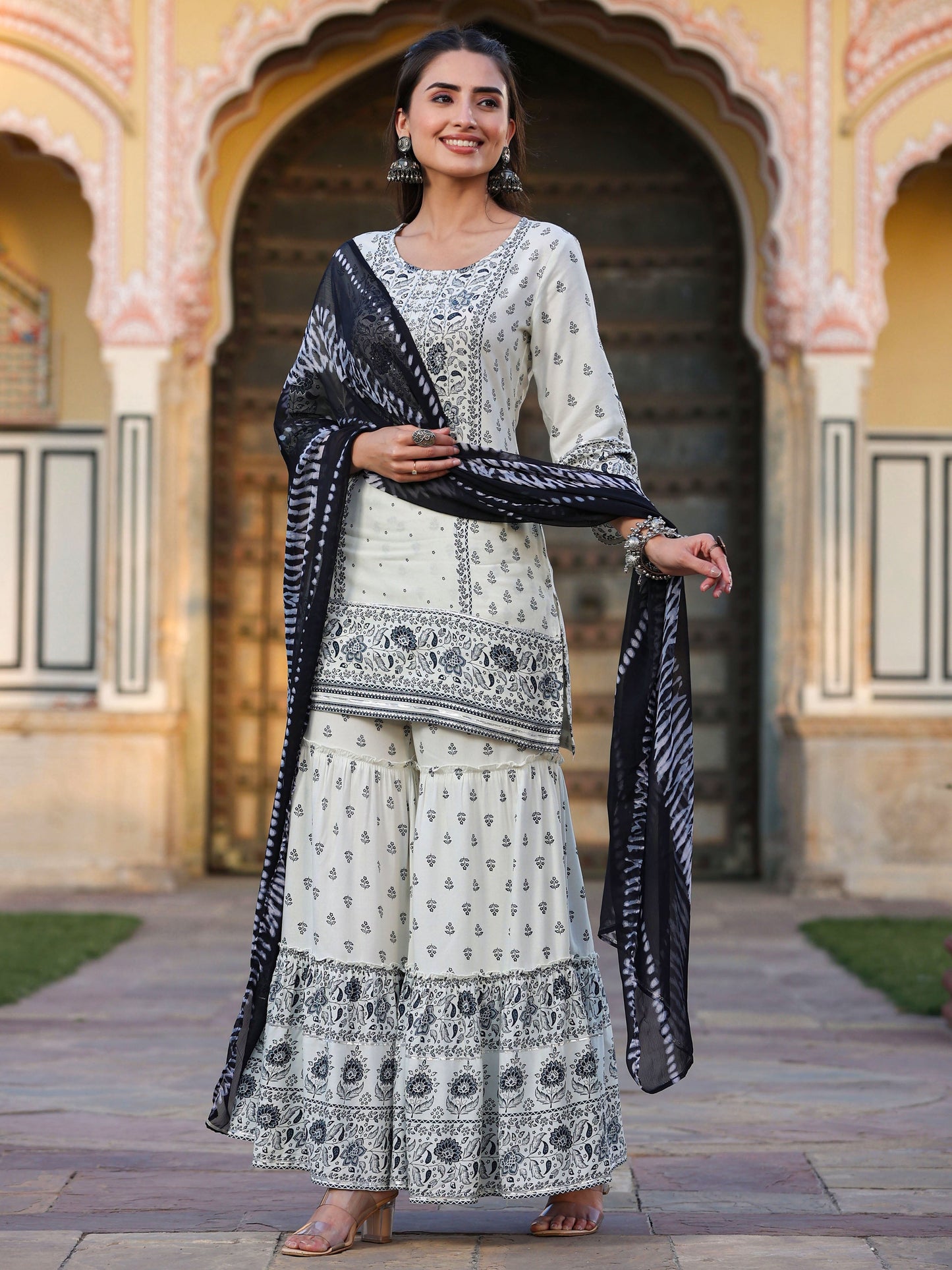 Off White Rayon Floral Placement Kurta With Sharara And Dupatta Set