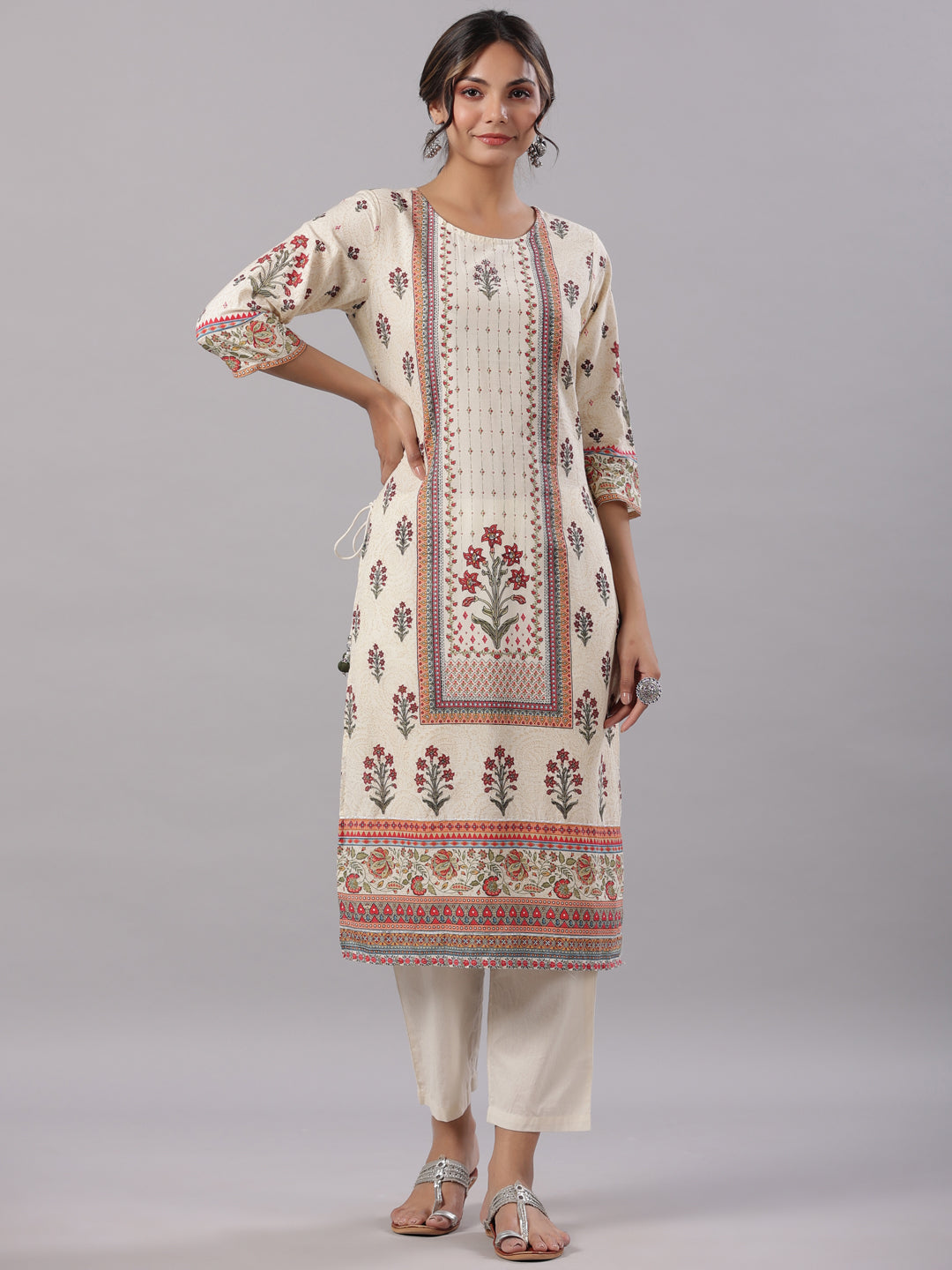Beige Cambric Floral Placement Printed Straight Fit Kurta Sets