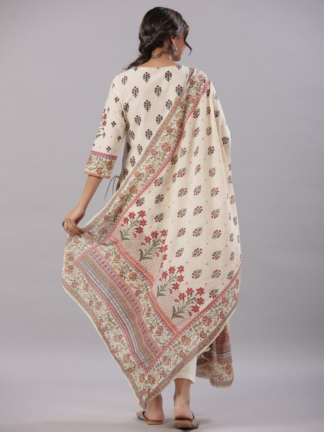Beige Cambric Floral Placement Printed Straight Fit Kurta Sets