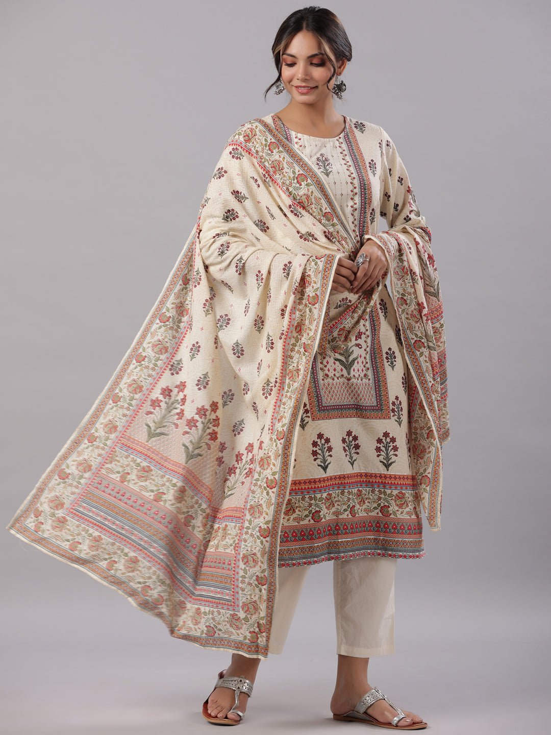 Beige Cambric Floral Placement Printed Straight Fit Kurta Sets