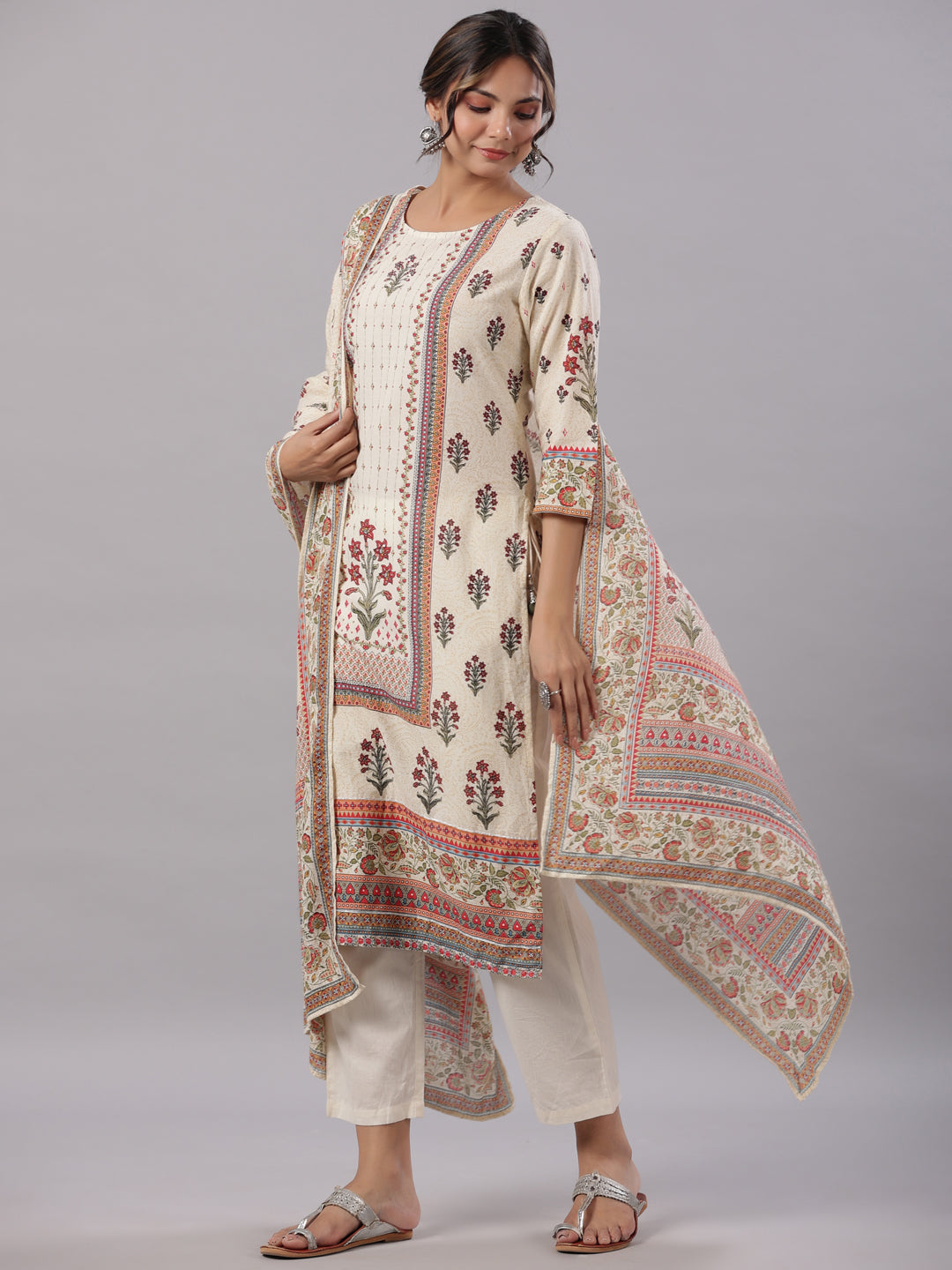 Beige Cambric Floral Placement Printed Straight Fit Kurta Sets