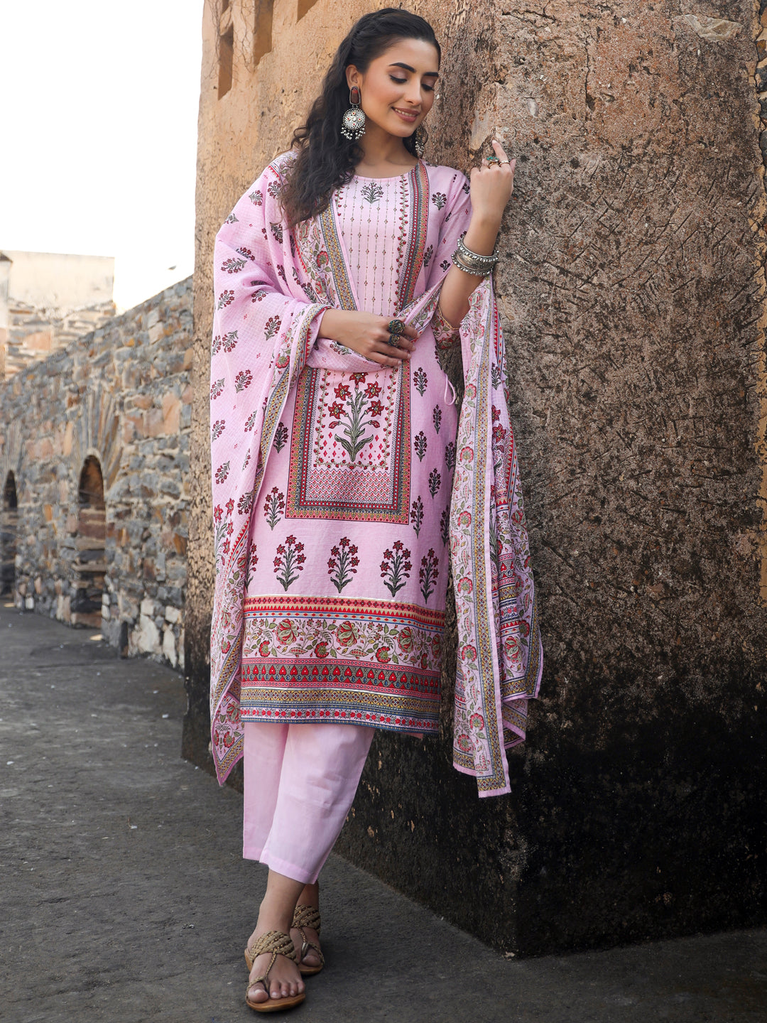 Lilac Cambric Floral Placement Printed Straight Fit Kurta Sets