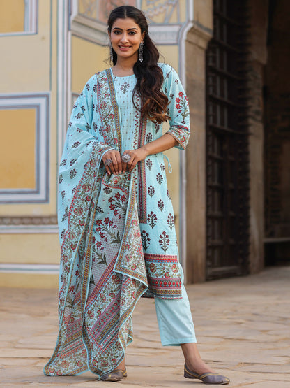Skyblue Cambric Floral Placement Printed Straight Fit Kurta Sets