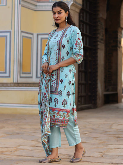 Skyblue Cambric Floral Placement Printed Straight Fit Kurta Sets