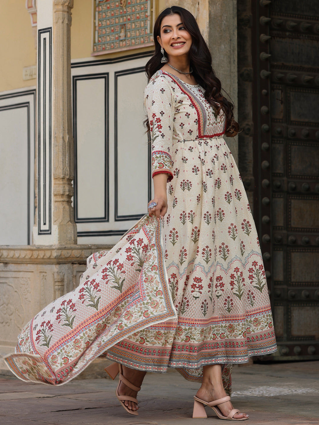 Beige Cotton Cambric Hand Block Look Printed Anarkali Kurta & Dupatta Set
