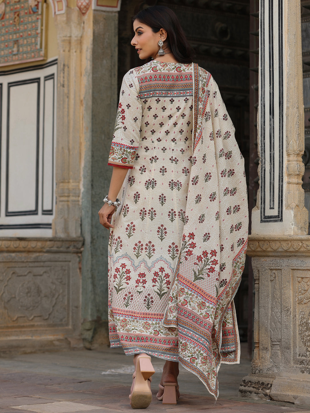 Beige Cotton Cambric Hand Block Look Printed Anarkali Kurta & Dupatta Set