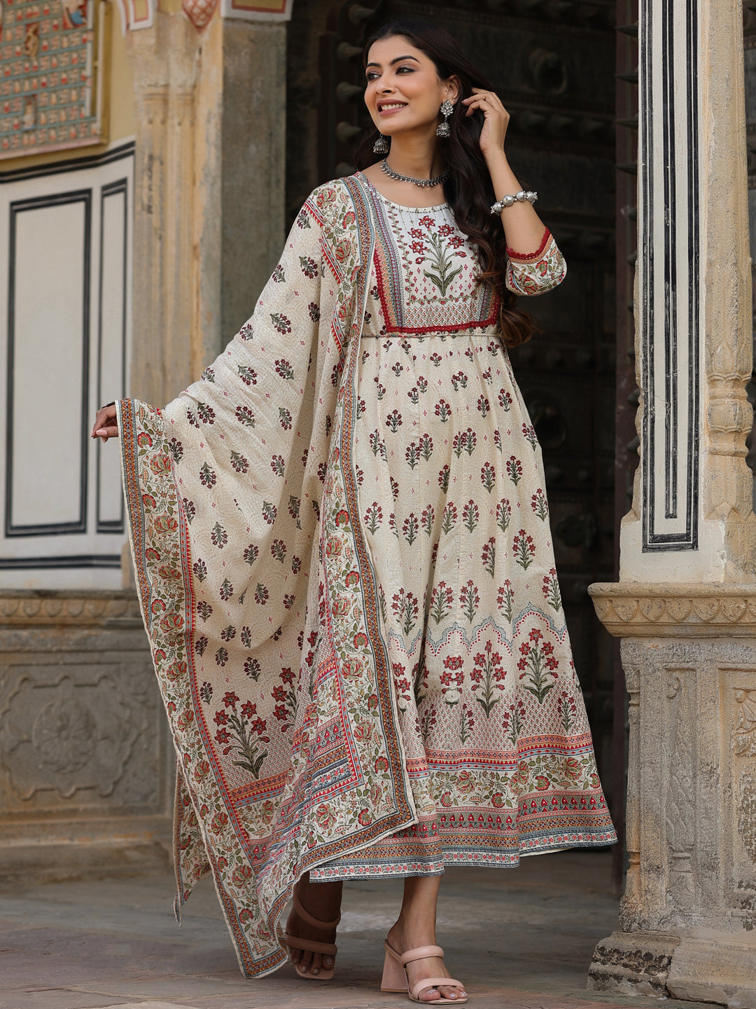 Beige Cotton Cambric Hand Block Look Printed Anarkali Kurta & Dupatta Set