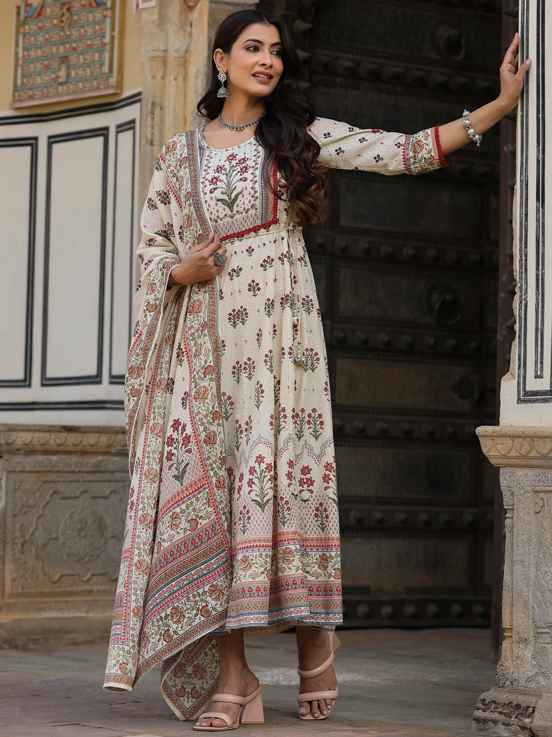Beige Cotton Cambric Hand Block Look Printed Anarkali Kurta & Dupatta Set