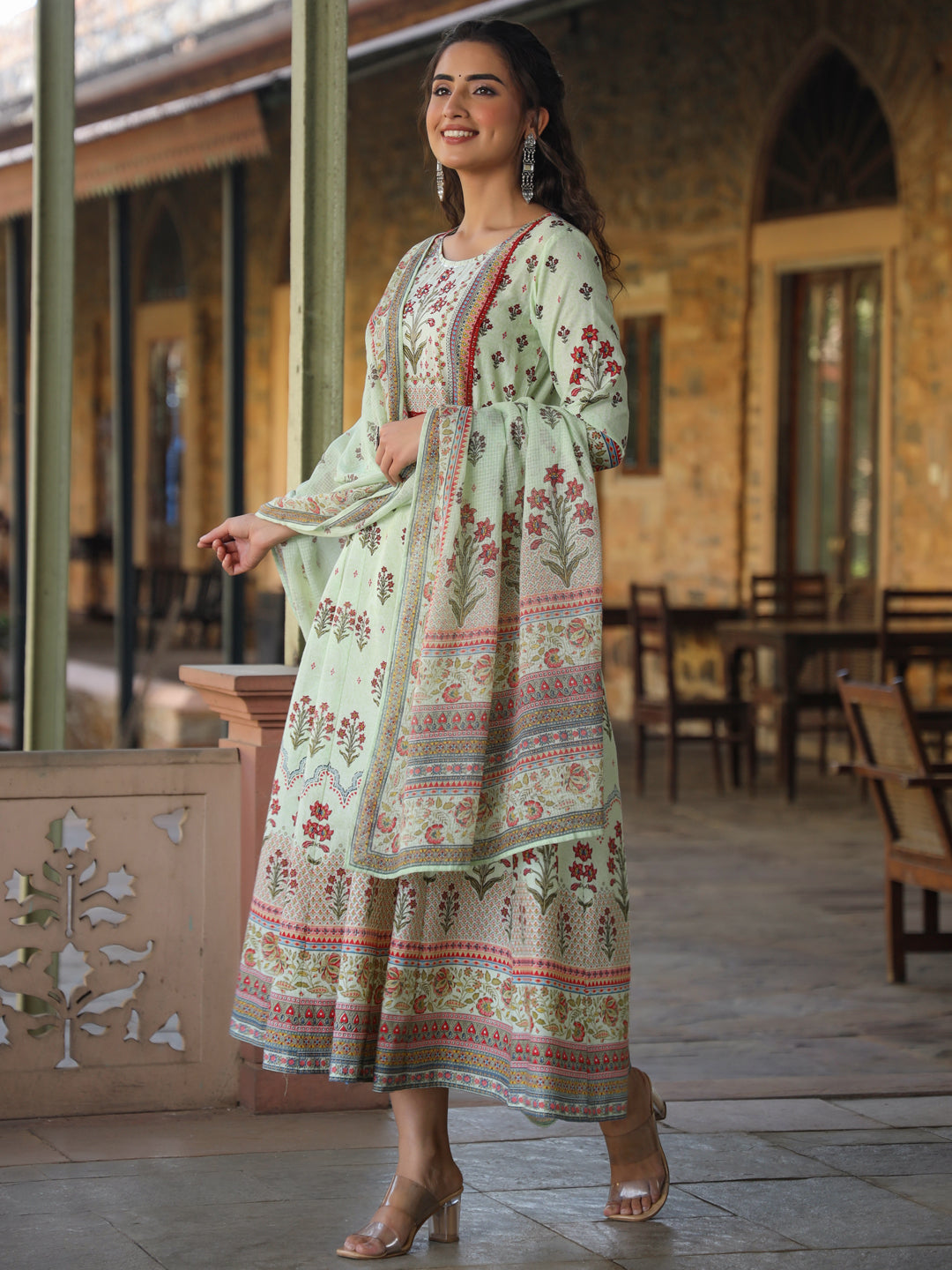 Lime Cotton Cambric Hand Block Look Printed Anarkali Kurta & Dupatta Set