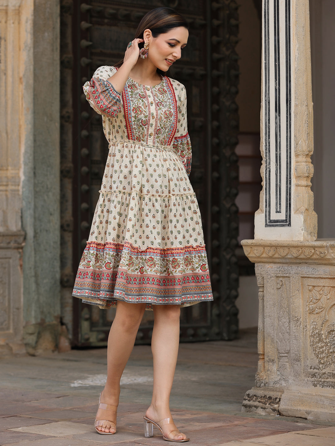 Beige Cambric Printed Flared Dress