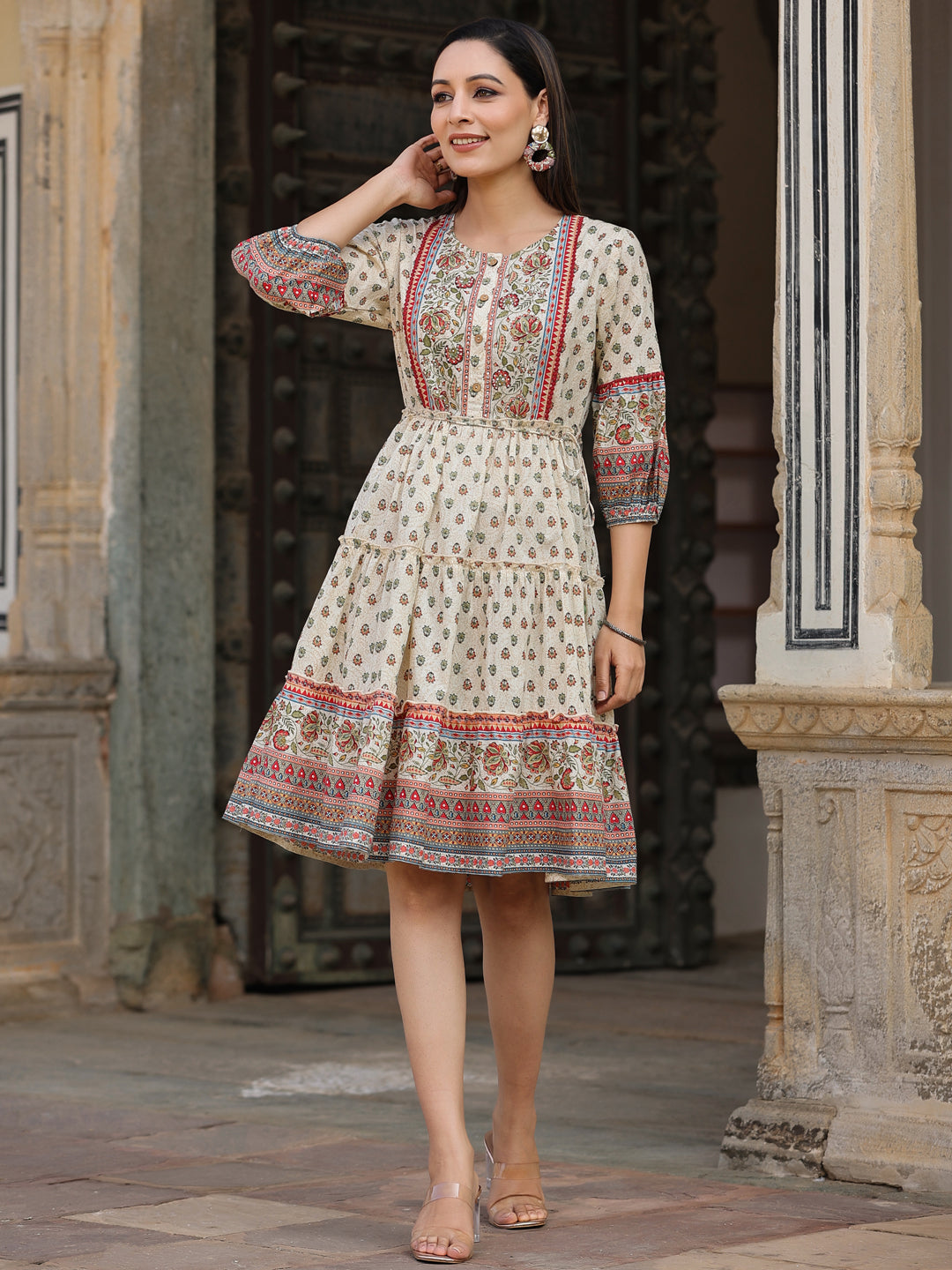 Beige Cambric Printed Flared Dress