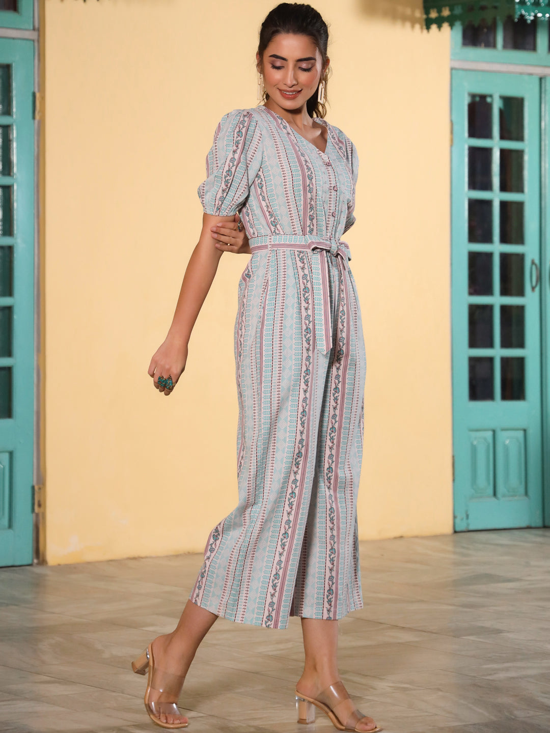 Pink Cotton Flex Floral Printed Jumpsuit