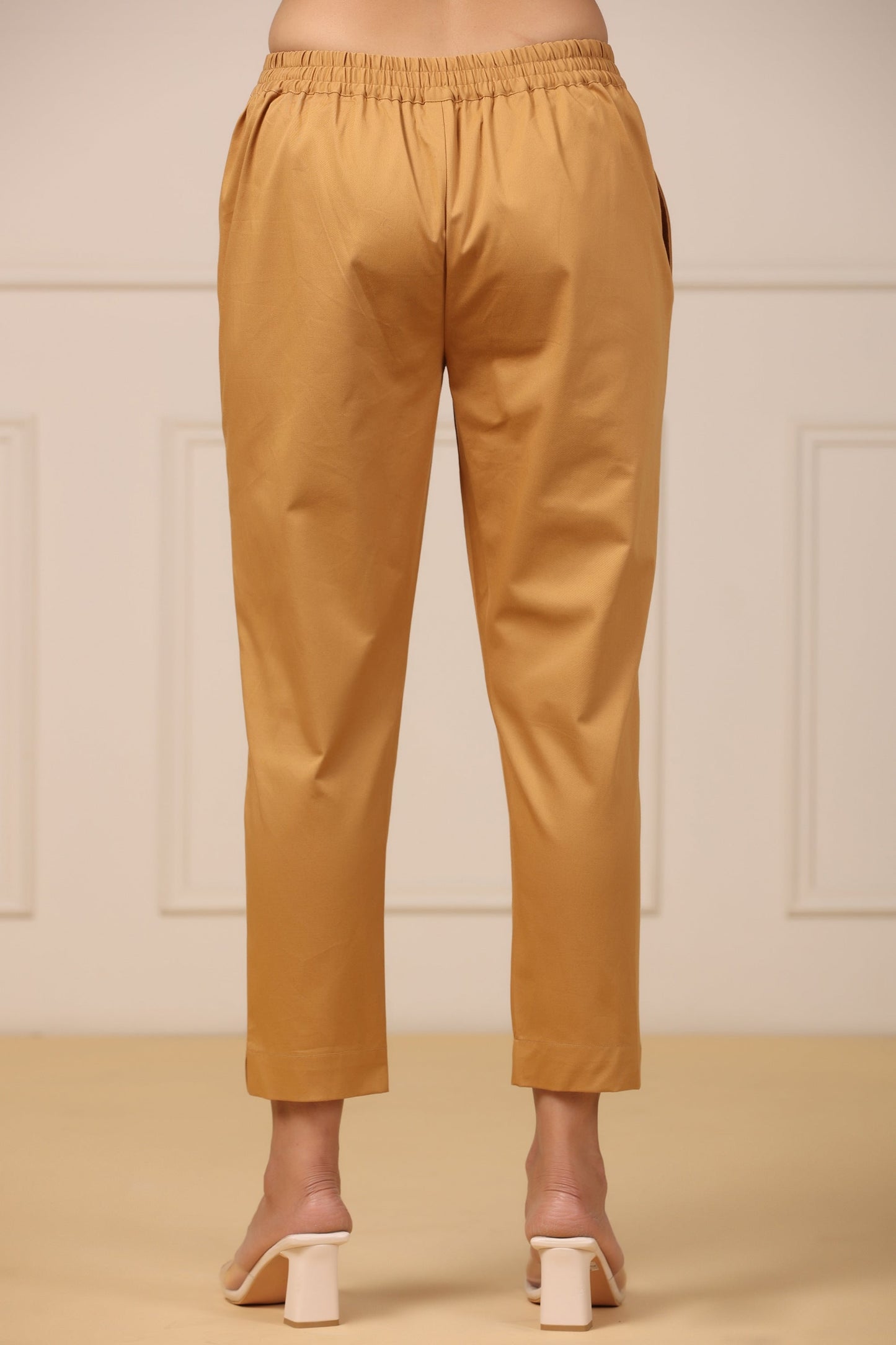 Gold Cotton Twill Lycra Solid Straight Pant