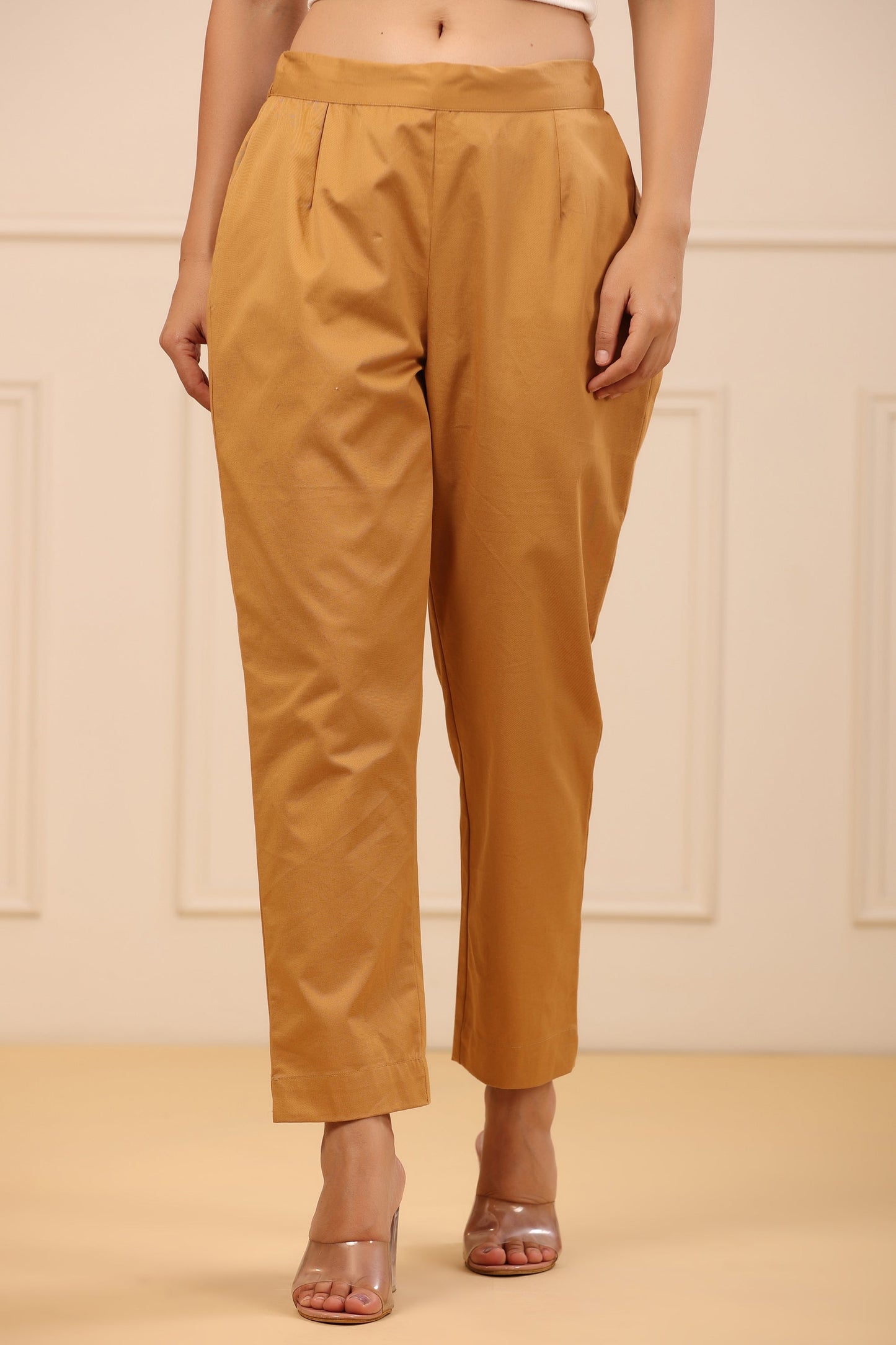 Gold Cotton Twill Lycra Solid Straight Pant