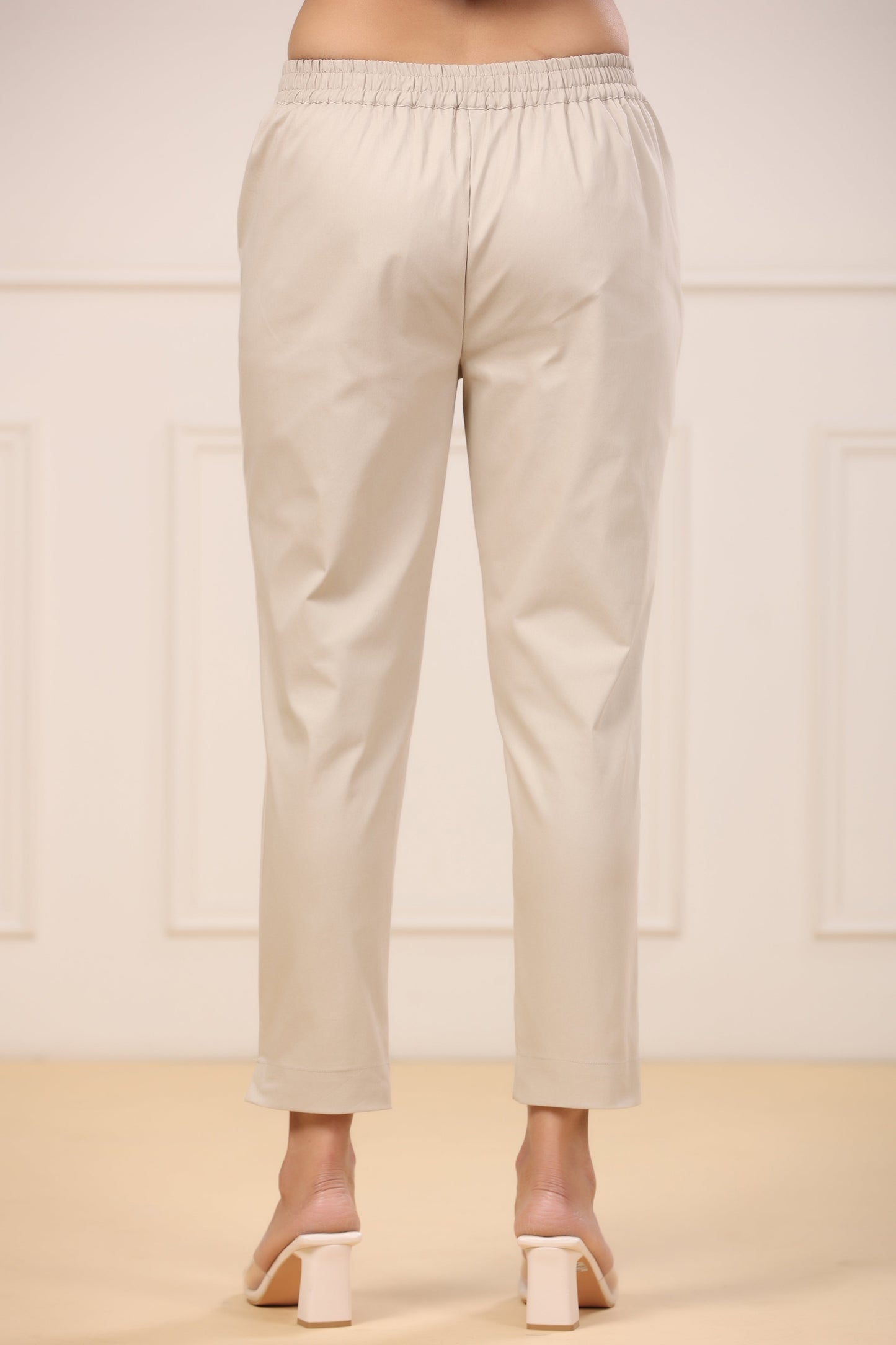 Beige Cotton Spandex Solid Straight Pant